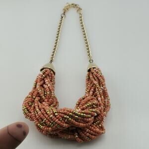 Coral Orange Seed Bead Necklace Chunky Multi Strand Gold Tone Statement Choker